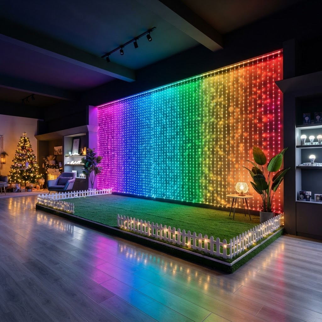 Vibrant RGB LED Christmas lighting display wall in our showroom